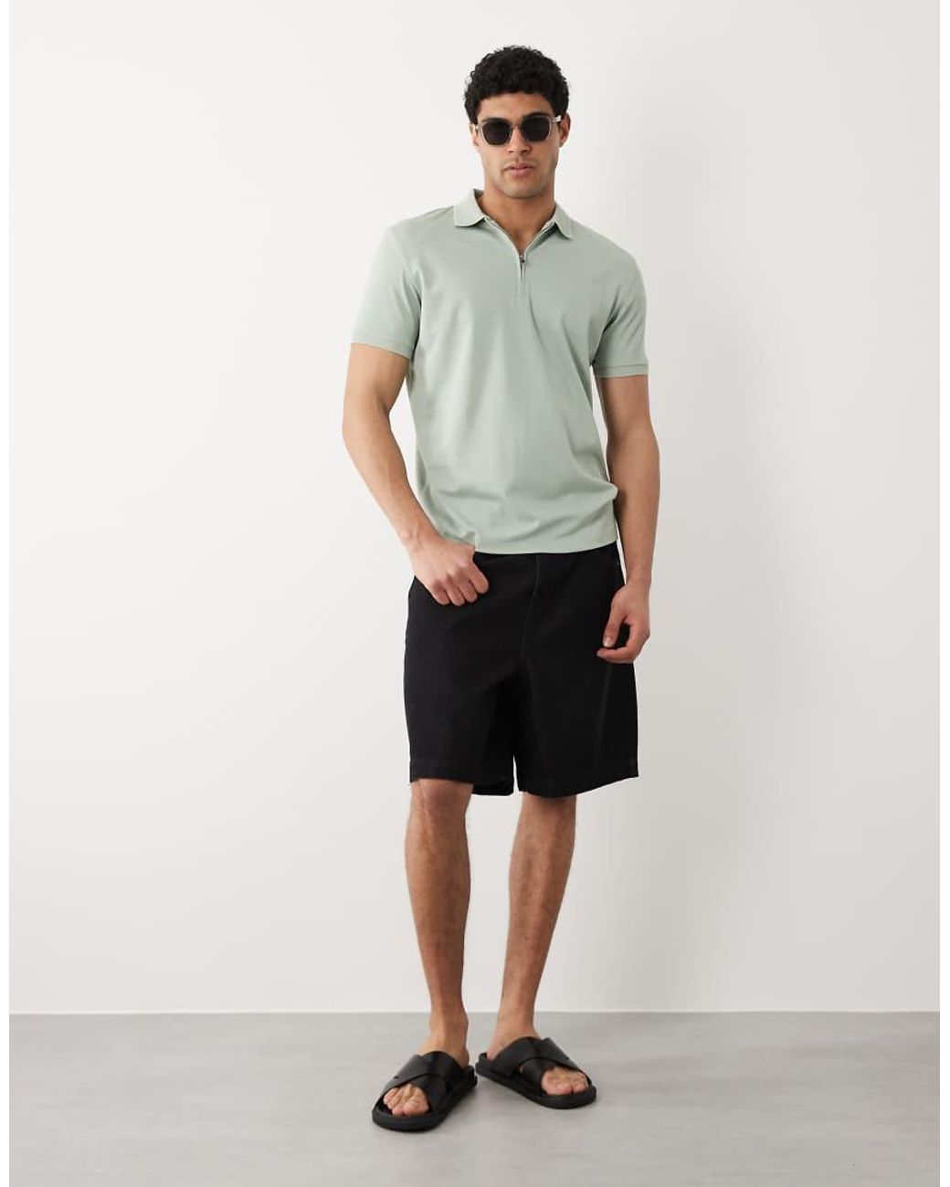 SELECTED Green Half Zip Polo Shirt for men