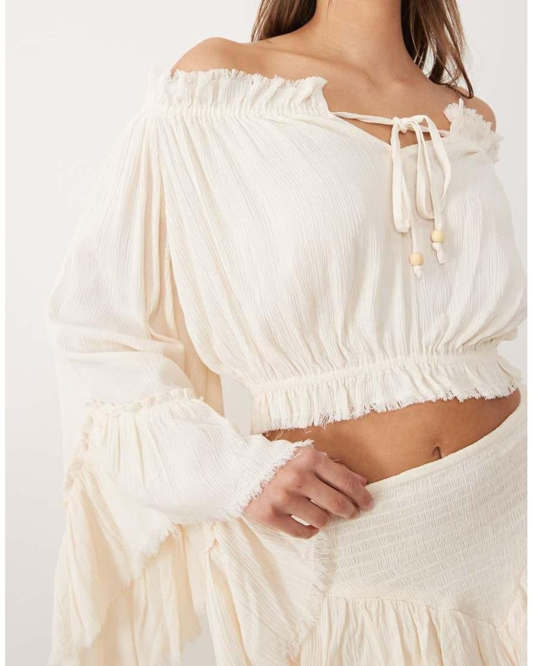 Miss Selfridge Natural Off Shoulder Boho Blouse With Fluted Sleeves