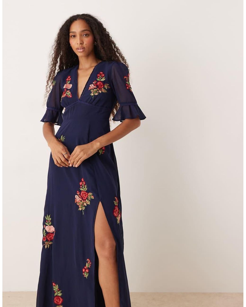 Hope & Ivy Blue Embroidered V-Neck Maxi Dress With Open Back