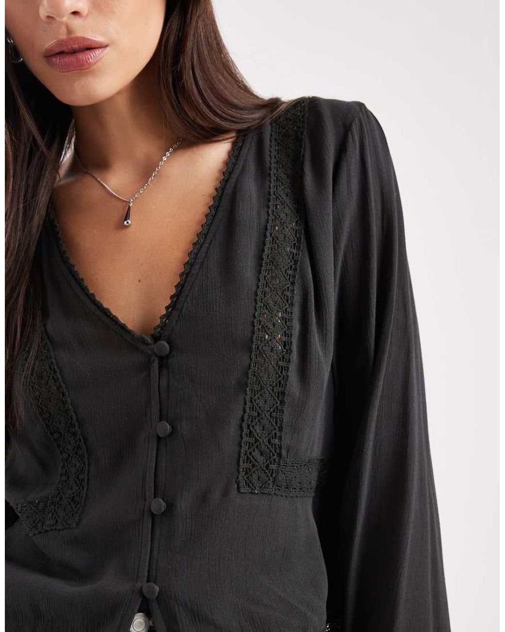 ASOS Black Textured Long Sleeve Lace Insert Blouse