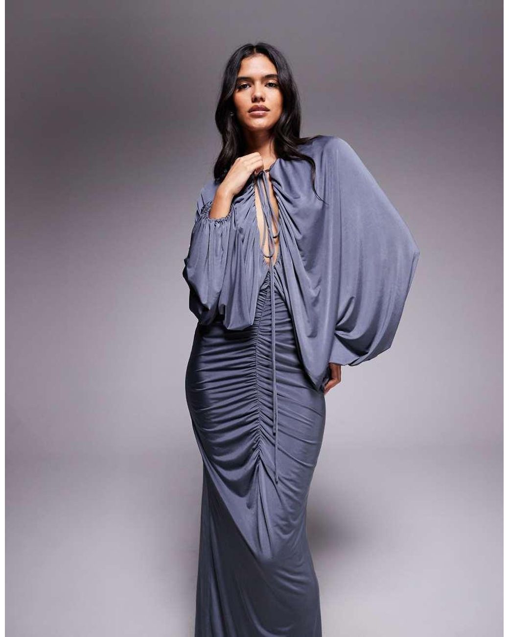 ASOS Blue Slinky Winged Sleeve Ruched Maxi Dress