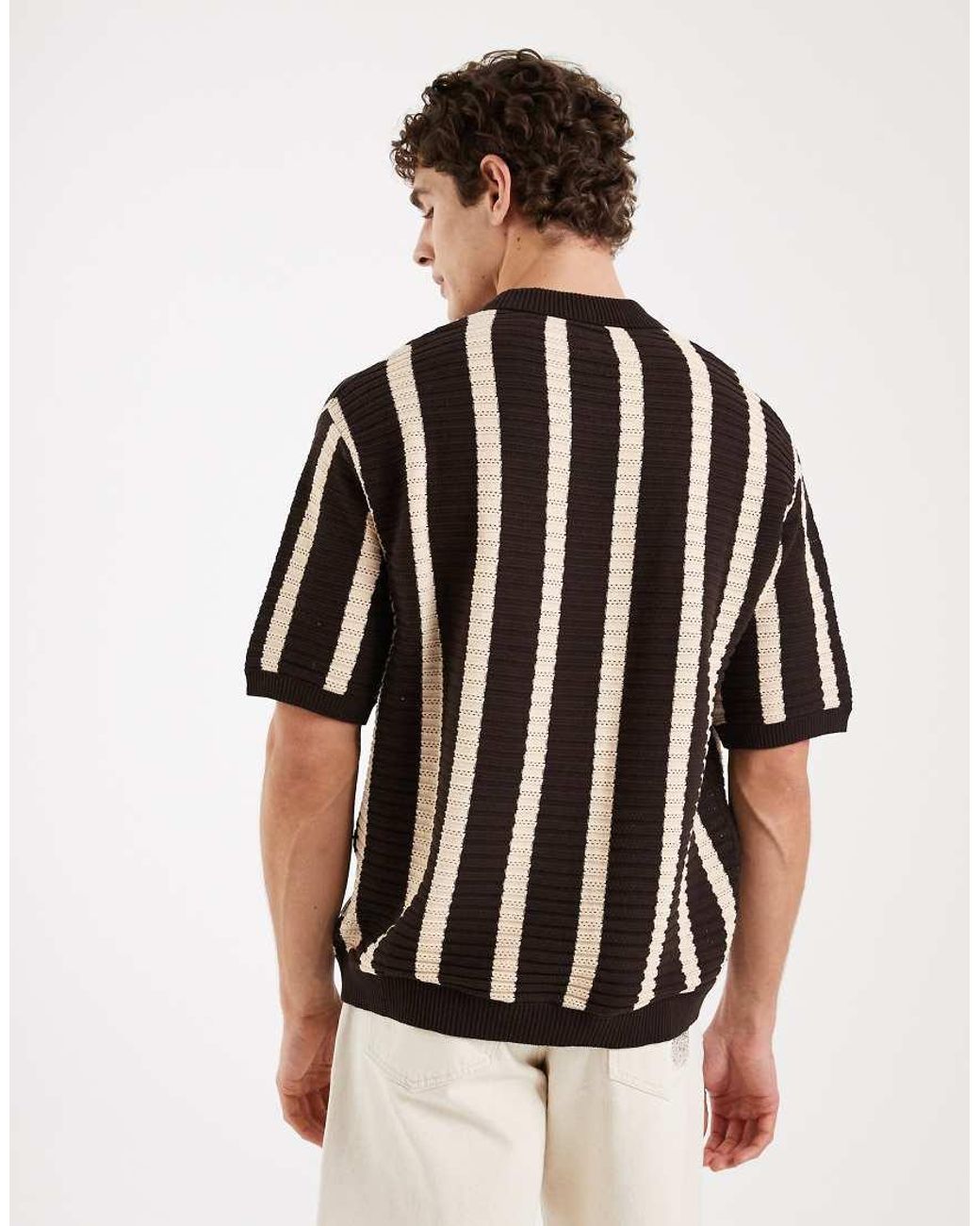 Redefined Rebel Black Pau Boxy Fit Short Sleeve Knit Polo Shirt With Stripe for men