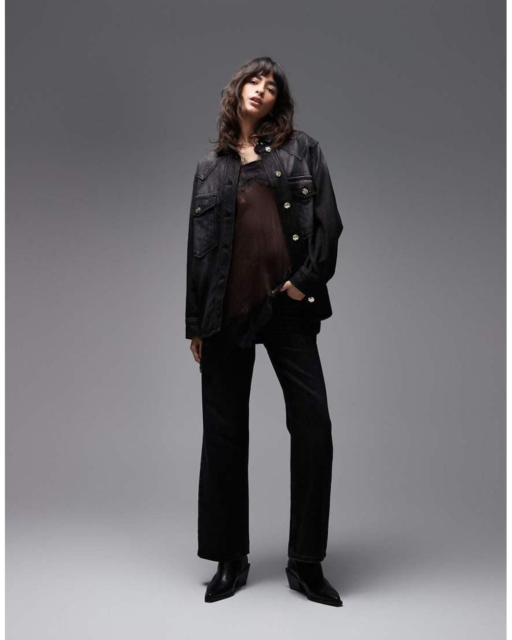 AllSaints Gray Bryn Denim Jacket With Gold Button Detail