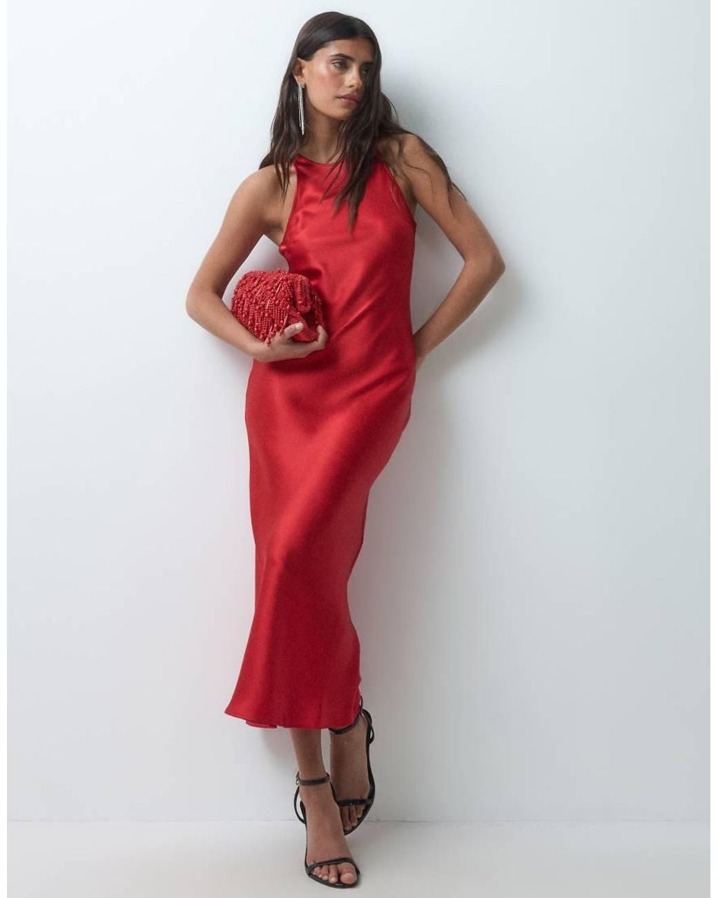 & Other Stories Red Satin Midi Dress With Bias Cut