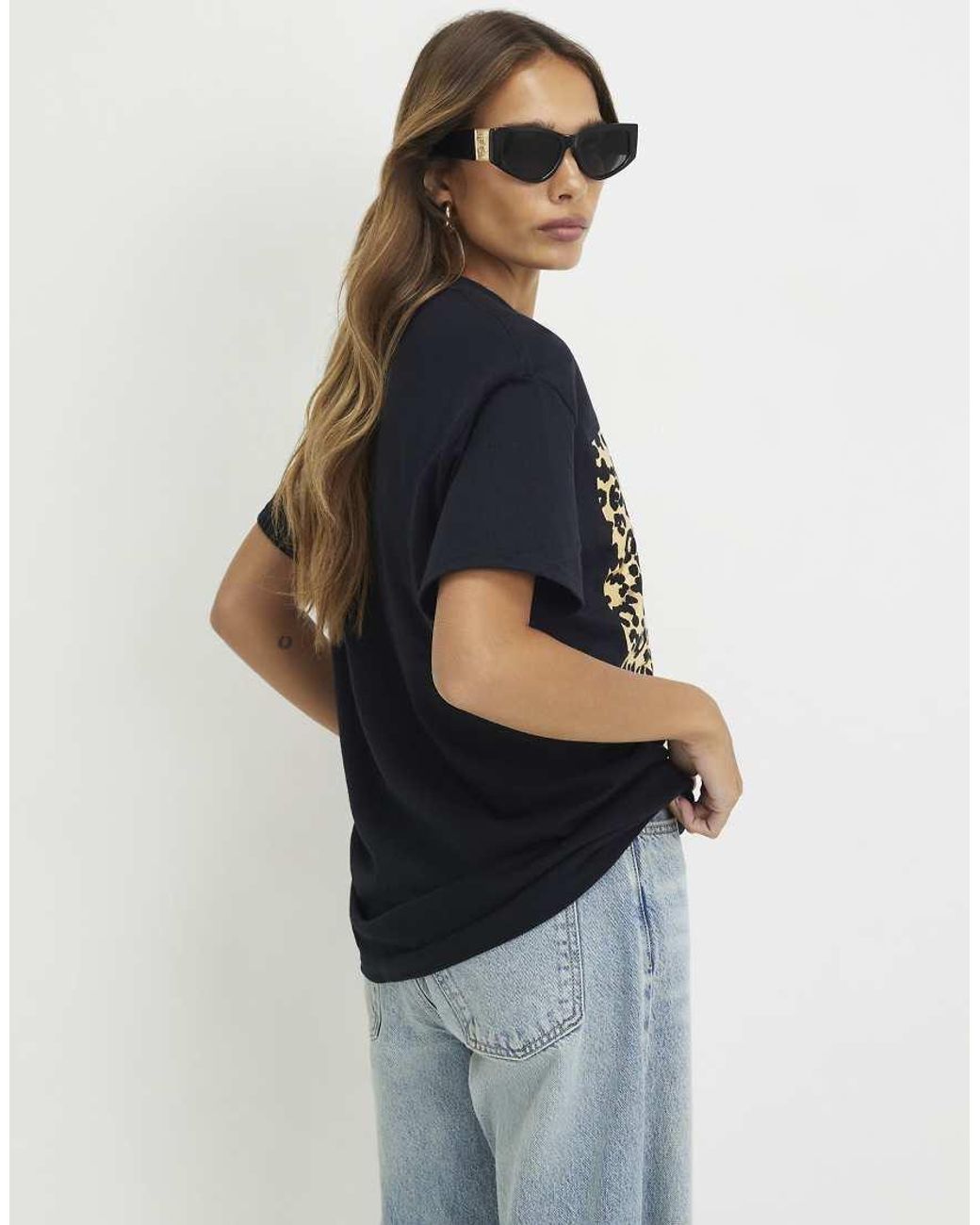 River Island Blue Cotton Leopard Print Foil T-Shirt