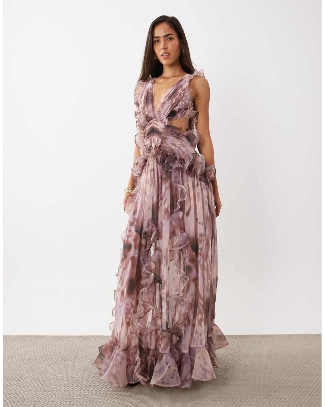 ASOS Pink Plunge Maxi Dress With Ruched Chiffon Detail & Open Back