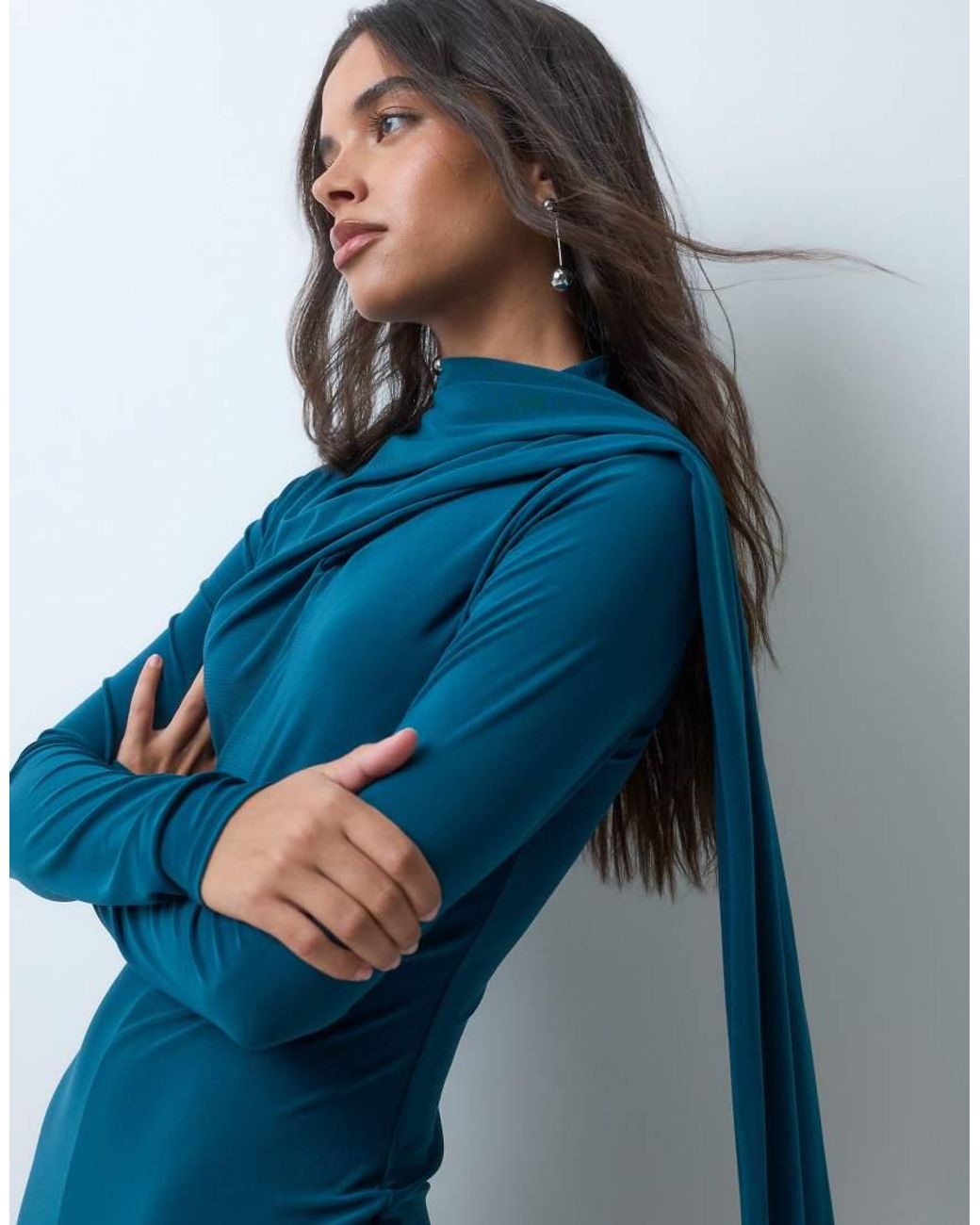 ASOS Blue Slinky Long Sleeve High Neck Scarf Detail Maxi Dress