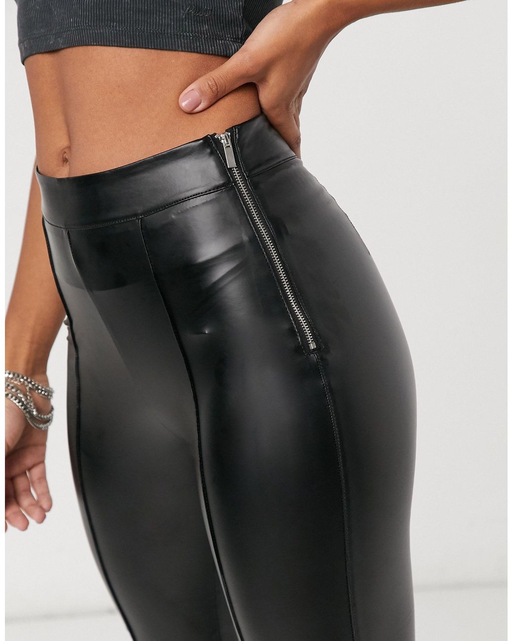 Bershka Faux Leather Flared Pants in Black | Lyst