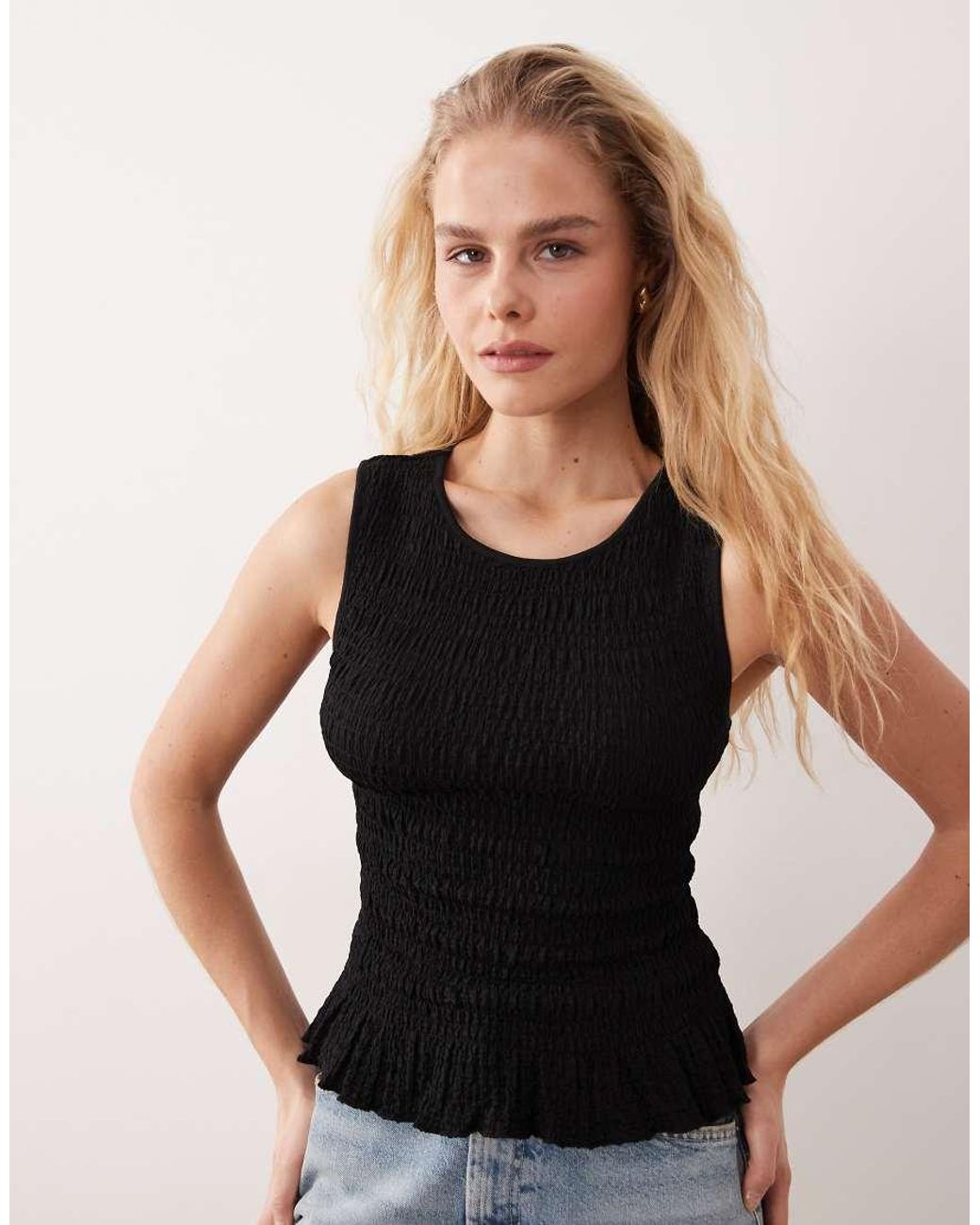 Brave Soul Black Shirred Singlet With Ruffle Hem