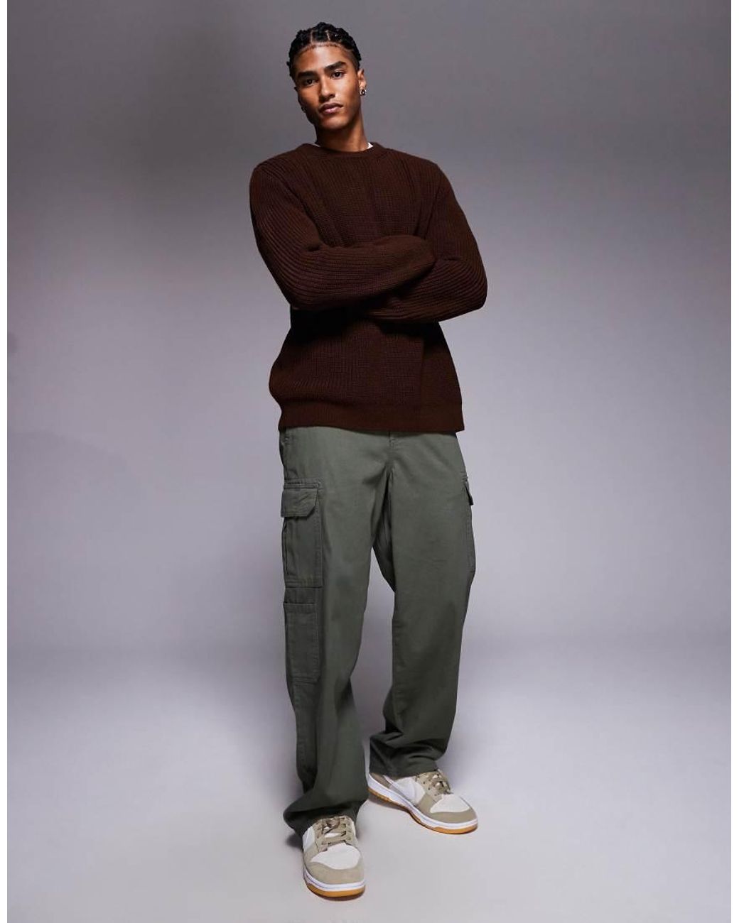 ASOS Brown Relaxed Knitted Fisherman Rib Jumper for men