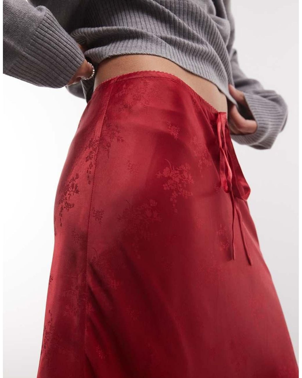 Reclaimed Vintage Red Awkward Length Satin Jacquard Midi Skirt With Lace Trim