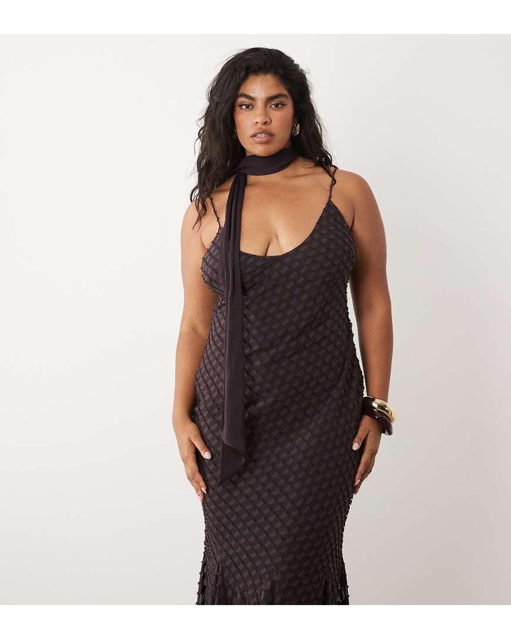 ASOS Black Asos Design Curve Bias Plunge Cami Maxi Dress With Full Godets And Scarf Detail