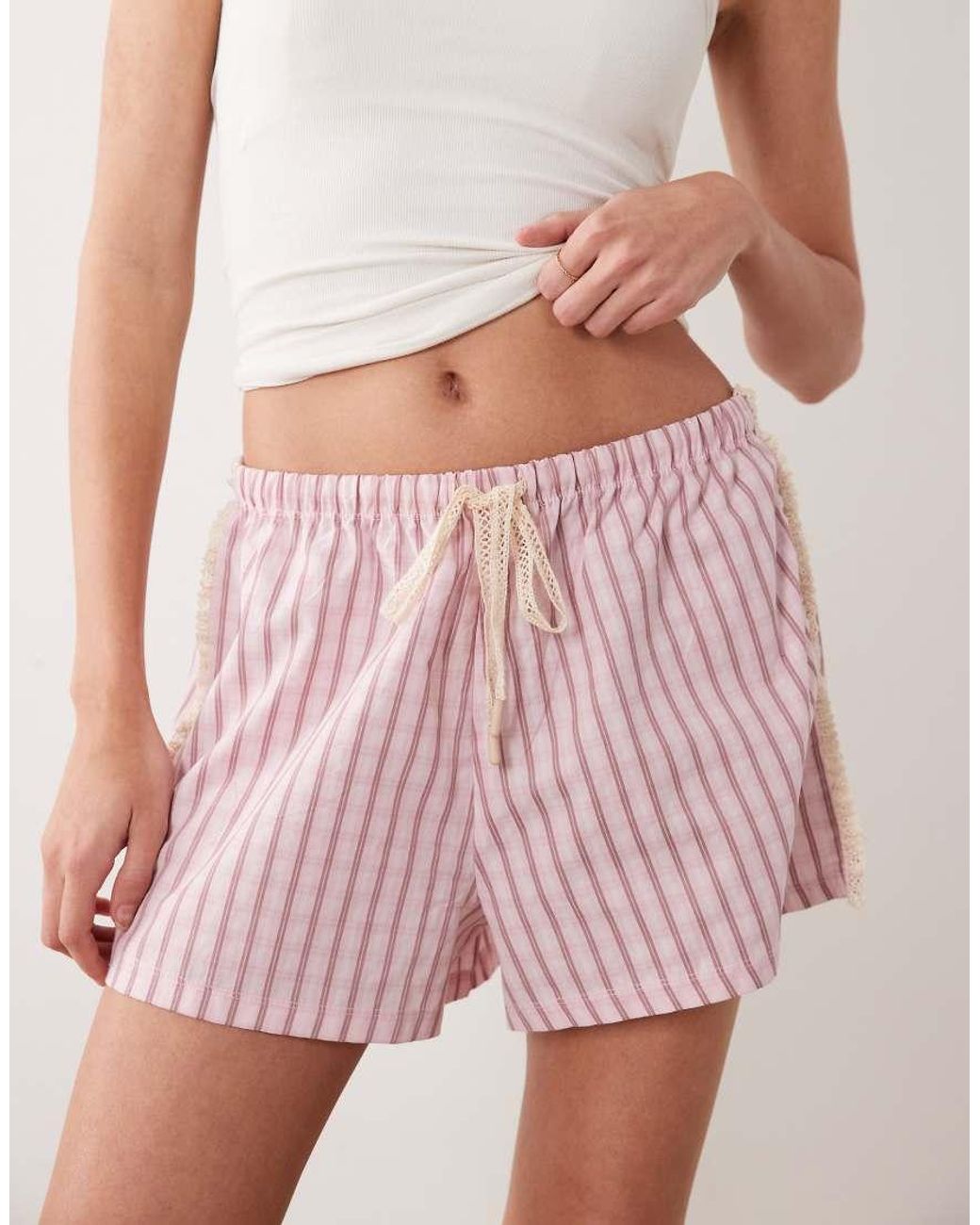 ASOS Pink Pyjama Boxer Short With Lace Trim Waistband