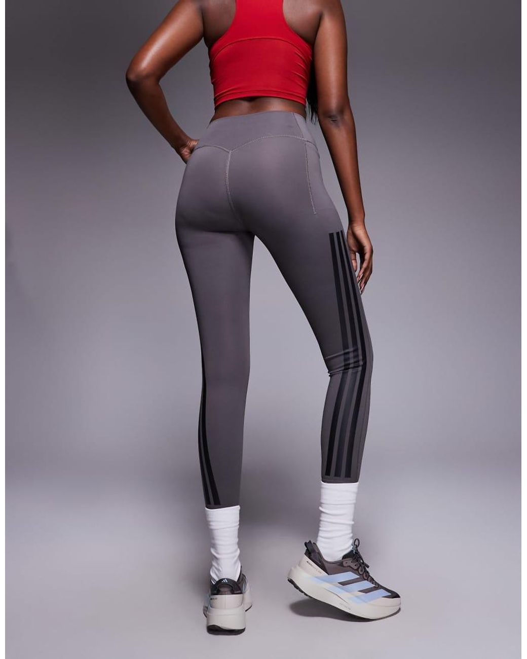 Adidas Originals Gray Adidas Training Optime 3 Stripe 7/8 Leggings