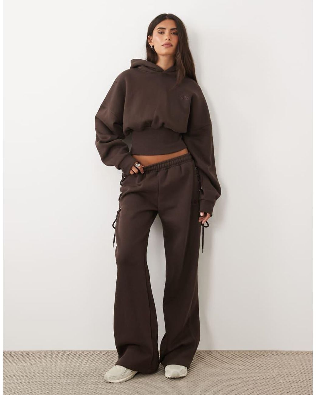 Kaiia Brown Cotton Rich Cinched Waist Lace Up Corset Detail Hoodie Co-ord