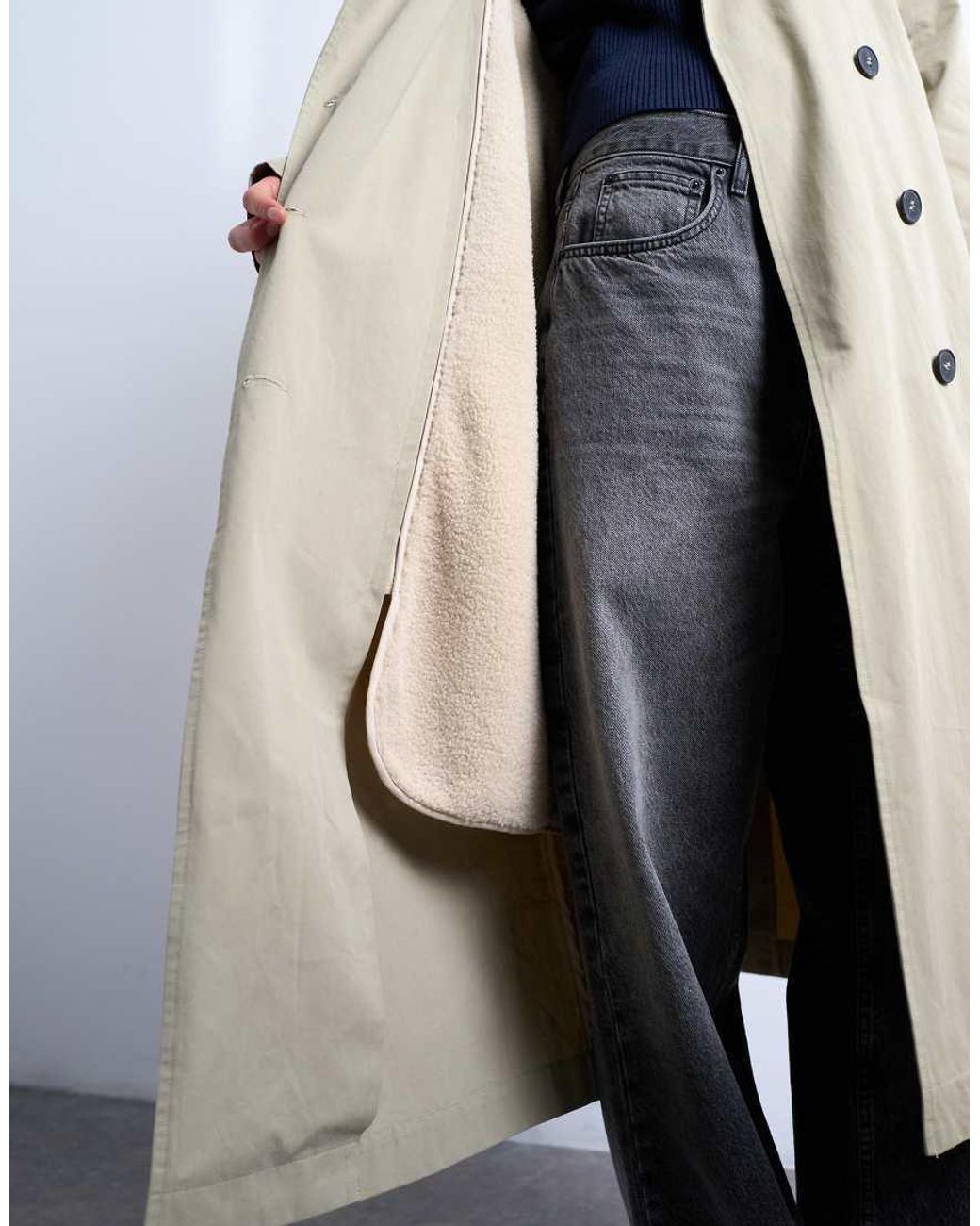 TOPSHOP White 2 In 1 Borg Trench With Detachable Lining In Stone