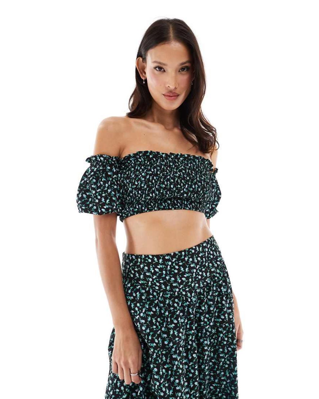 Wednesday's Girl Black Ditsy Floral Shirred Off-Shoulder Top Co-Ord