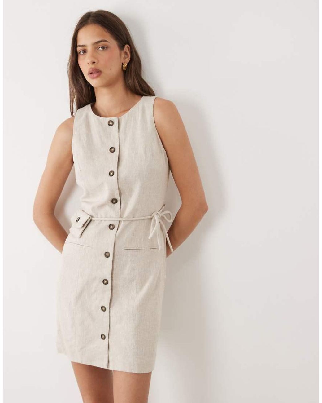 Y.A.S Natural Linen Blend Tailored Mini Dress With Purse Tie Detail