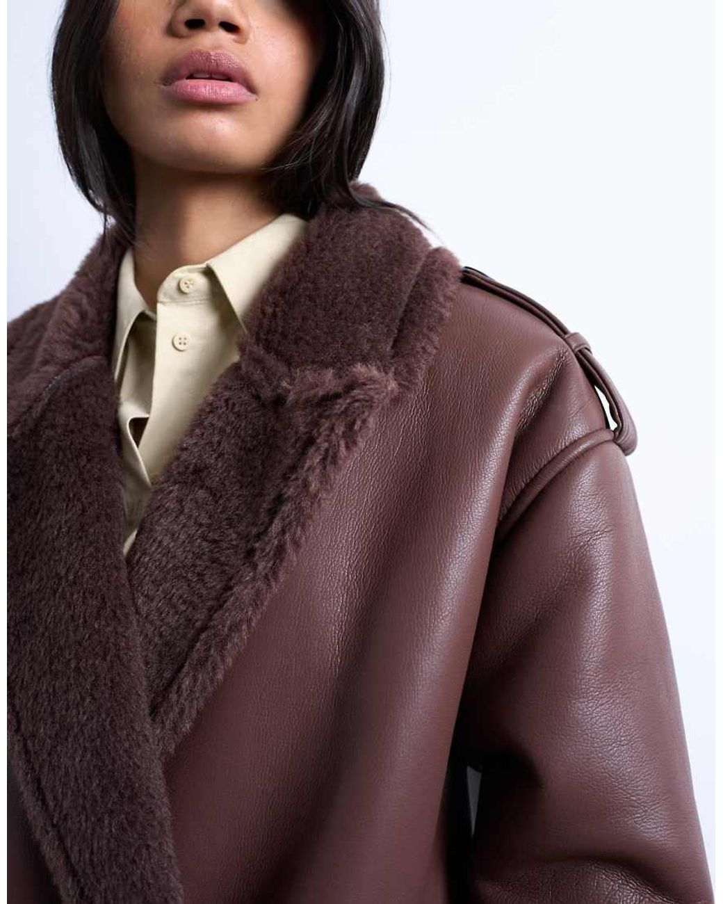 TOPSHOP Brown Longline Funnel Oversized Aviator Borg Coat