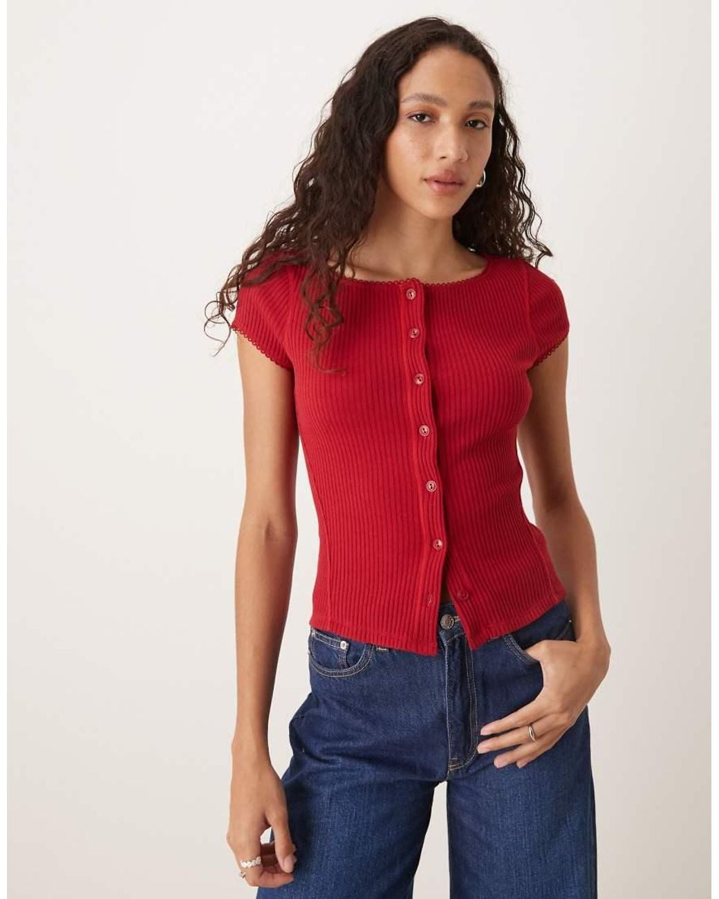 Free People Red Most Wanted Button Through Ribbed T-shirt