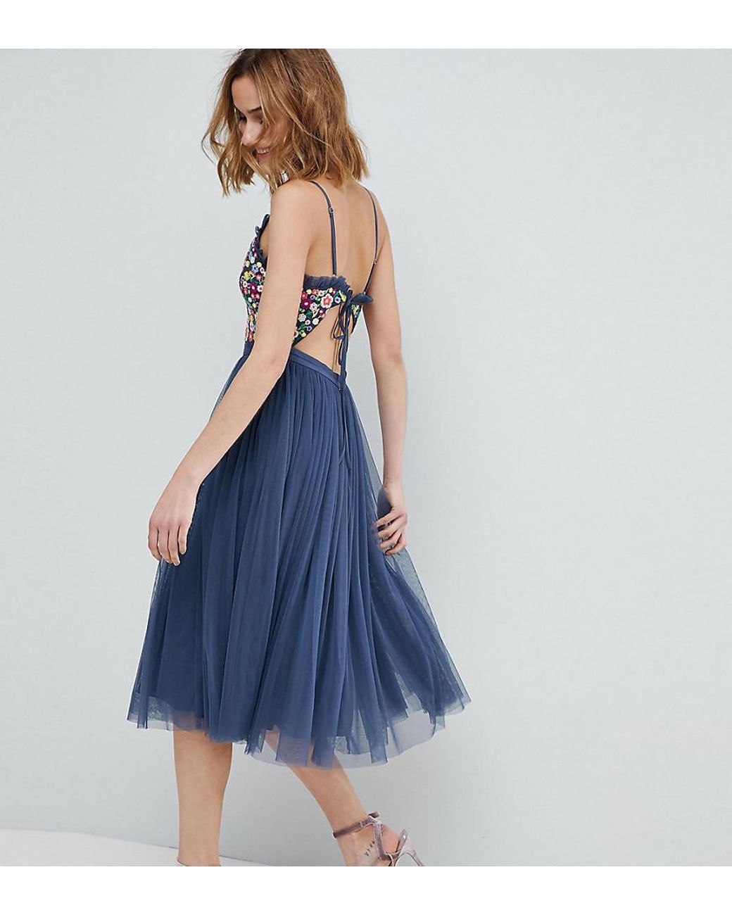 Needle thread embroidered bodice cami clearance strap midi dress