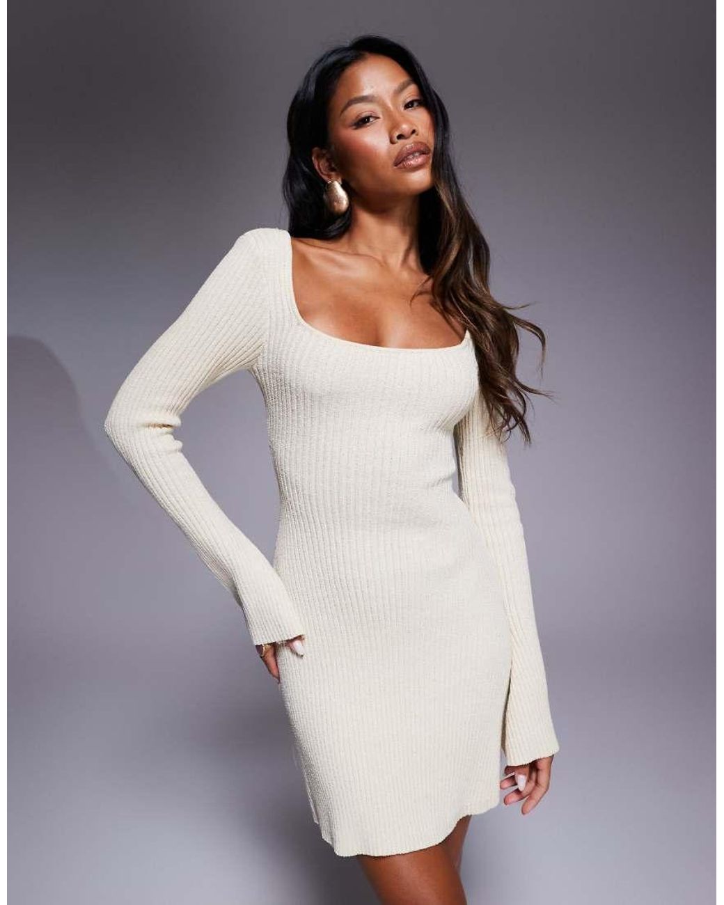 Princess Polly Gray Brownhall Ribbed Knit Flare Sleeve Open Tie Back Mini Dress