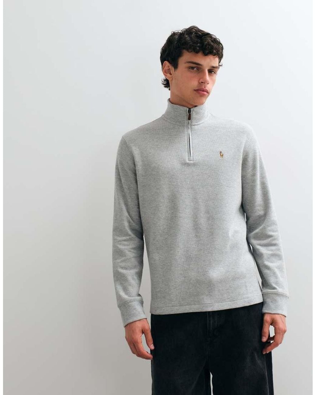 Polo Ralph Lauren Gray Icon Logo Estate Rib Quarter Zip Sweatshirt for men