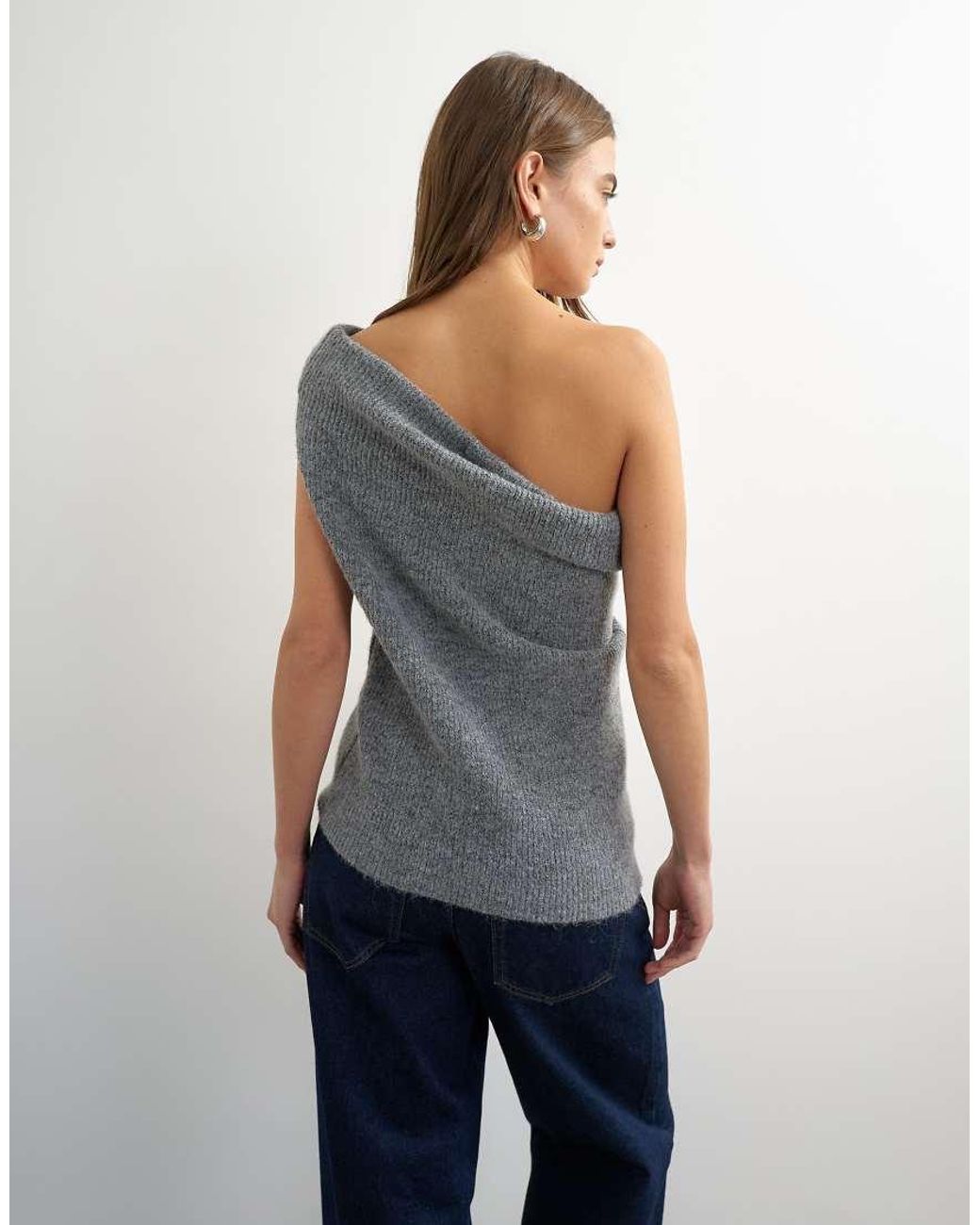 TOPSHOP Blue Knitted One Shoulder Draped Top