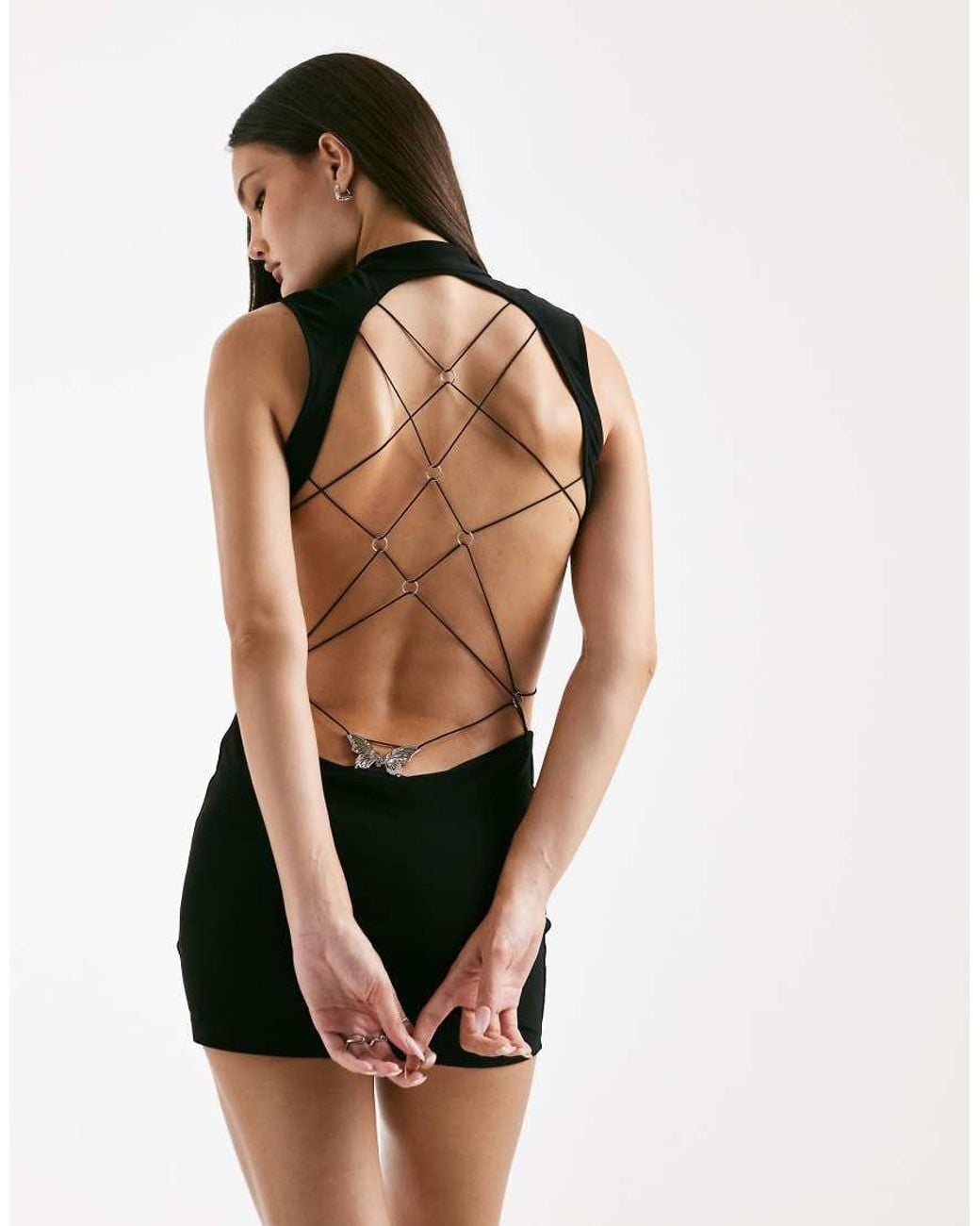 I.AM.GIA Larisa Slinky Keyhole Detail Open Cross Back Butterfly Pattern  Hardware Mini Dress in Black | Lyst UK