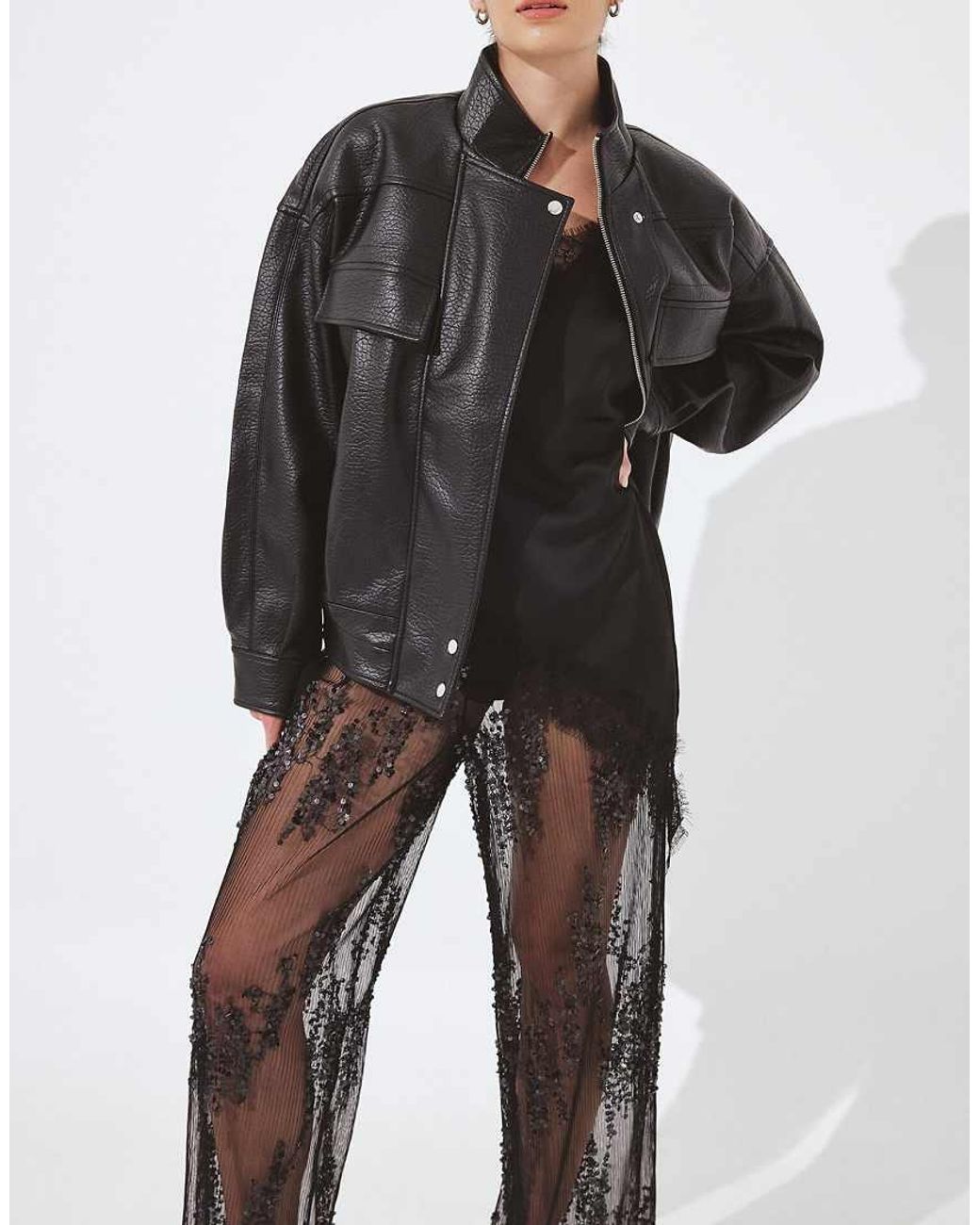 NA-KD Black Wide Pleated Sequins Trousers