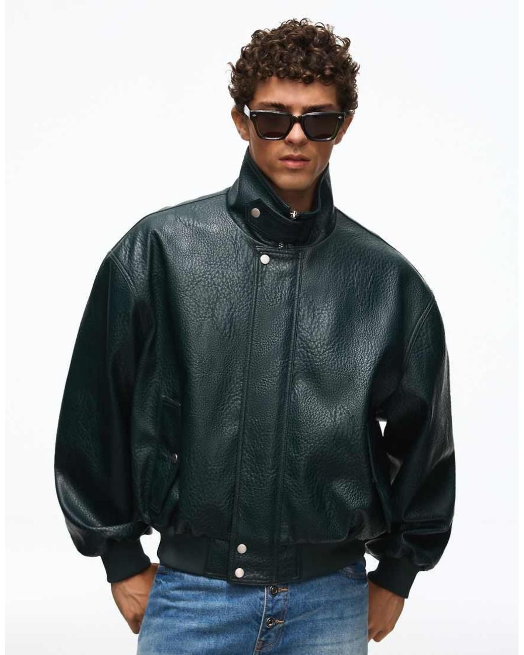 Bershka Green Faux Leather Jacket for men