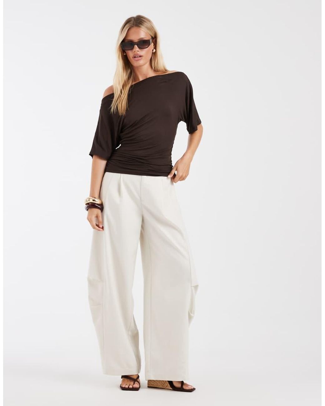 Noisy May Brown Boatneck Top With Ruched Detail