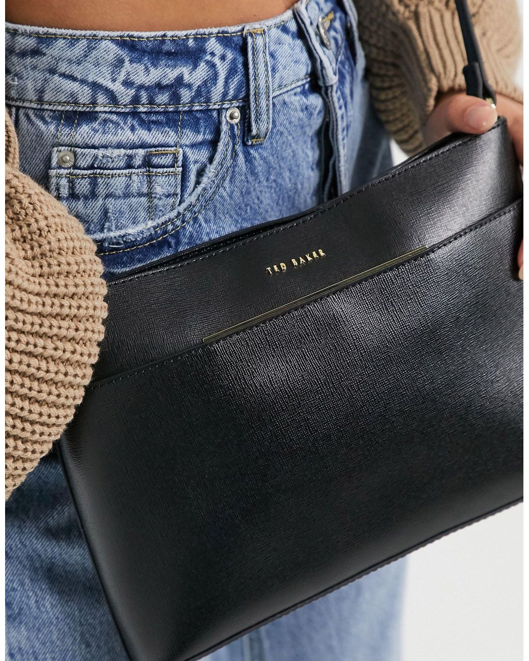 MerchPerks Ted Baker Black Golnaz Saffiano Bar Detail Leather Crossbod