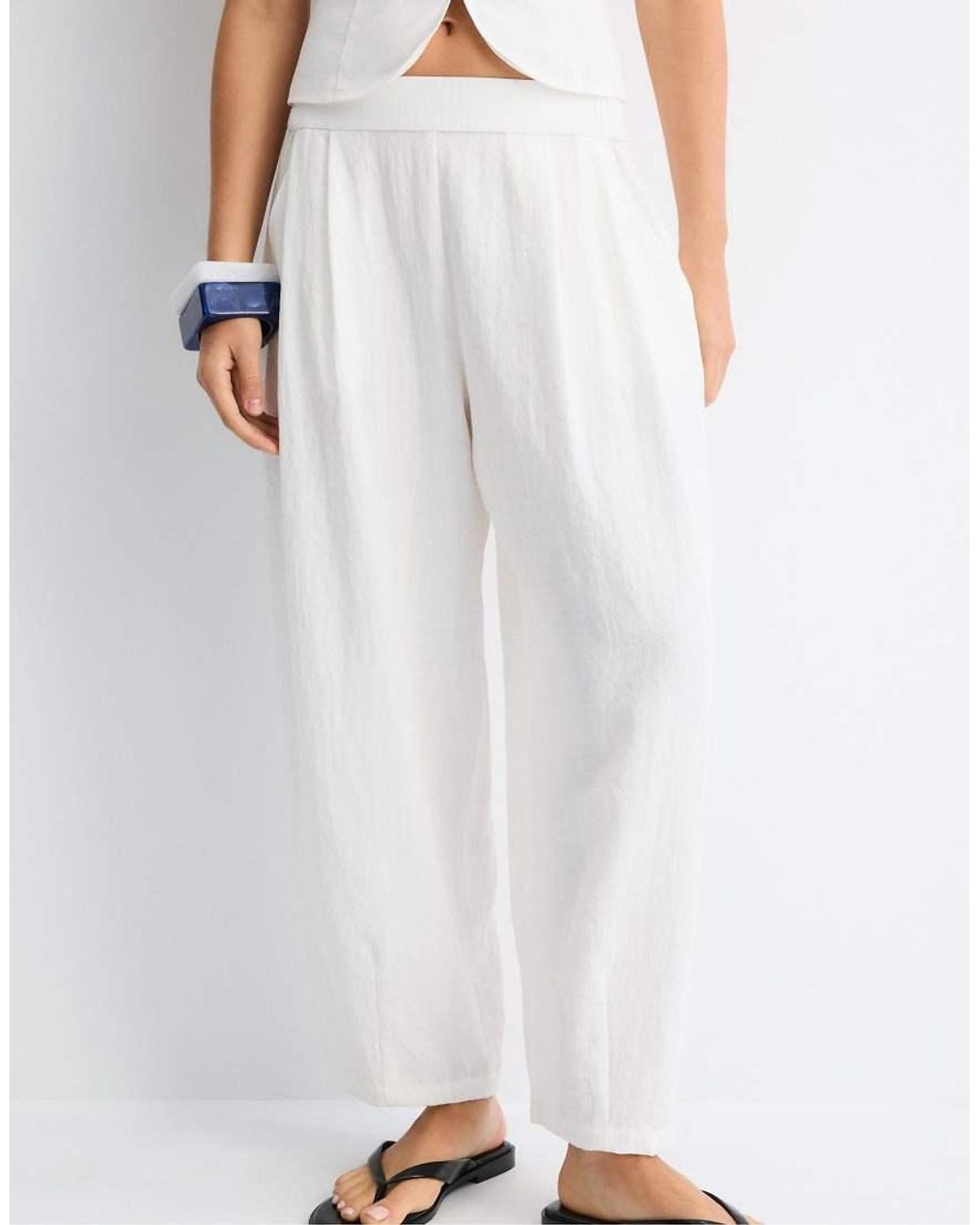 Stradivarius White Flowing Barrel Trousers