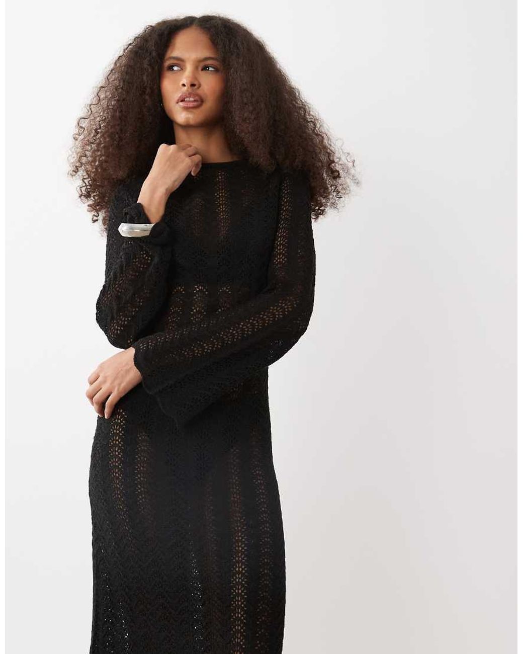 Mango Black Crochet Knit Long Sleeve Maxi Dress