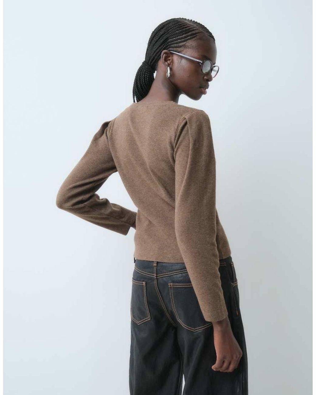 ASOS Brown Puff Sleeve Jumper With Pleated Hem
