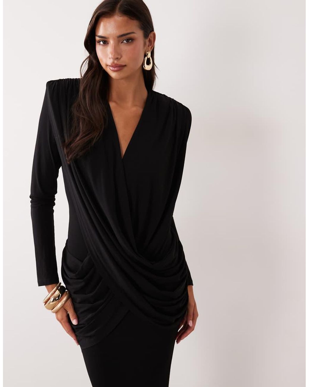 Ruched & Ready Black On My Level Sculpted Plunge Neck Drape Front Maxi Dress