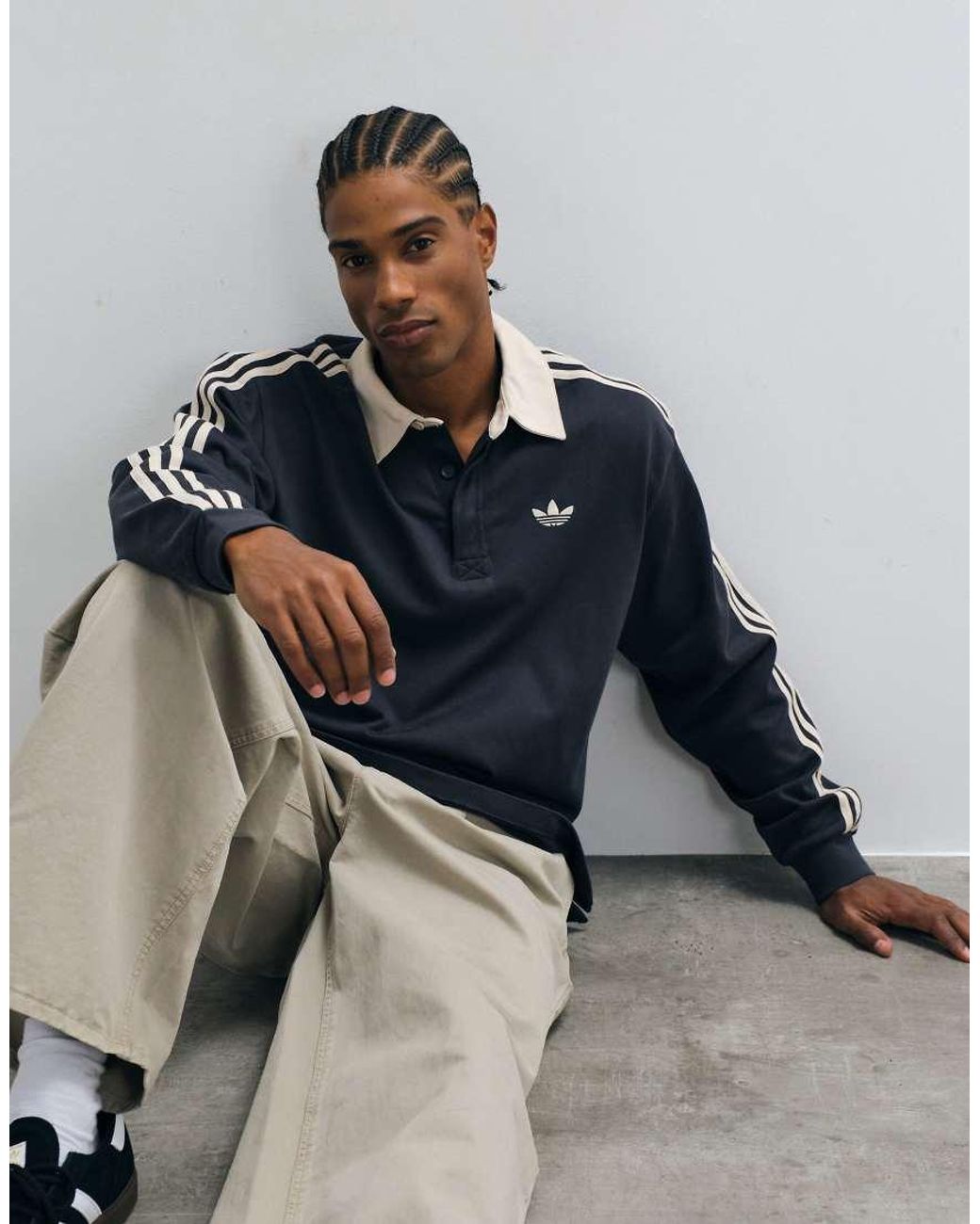 Adidas Originals Blue Three Stripe Long Sleeved Polo for men