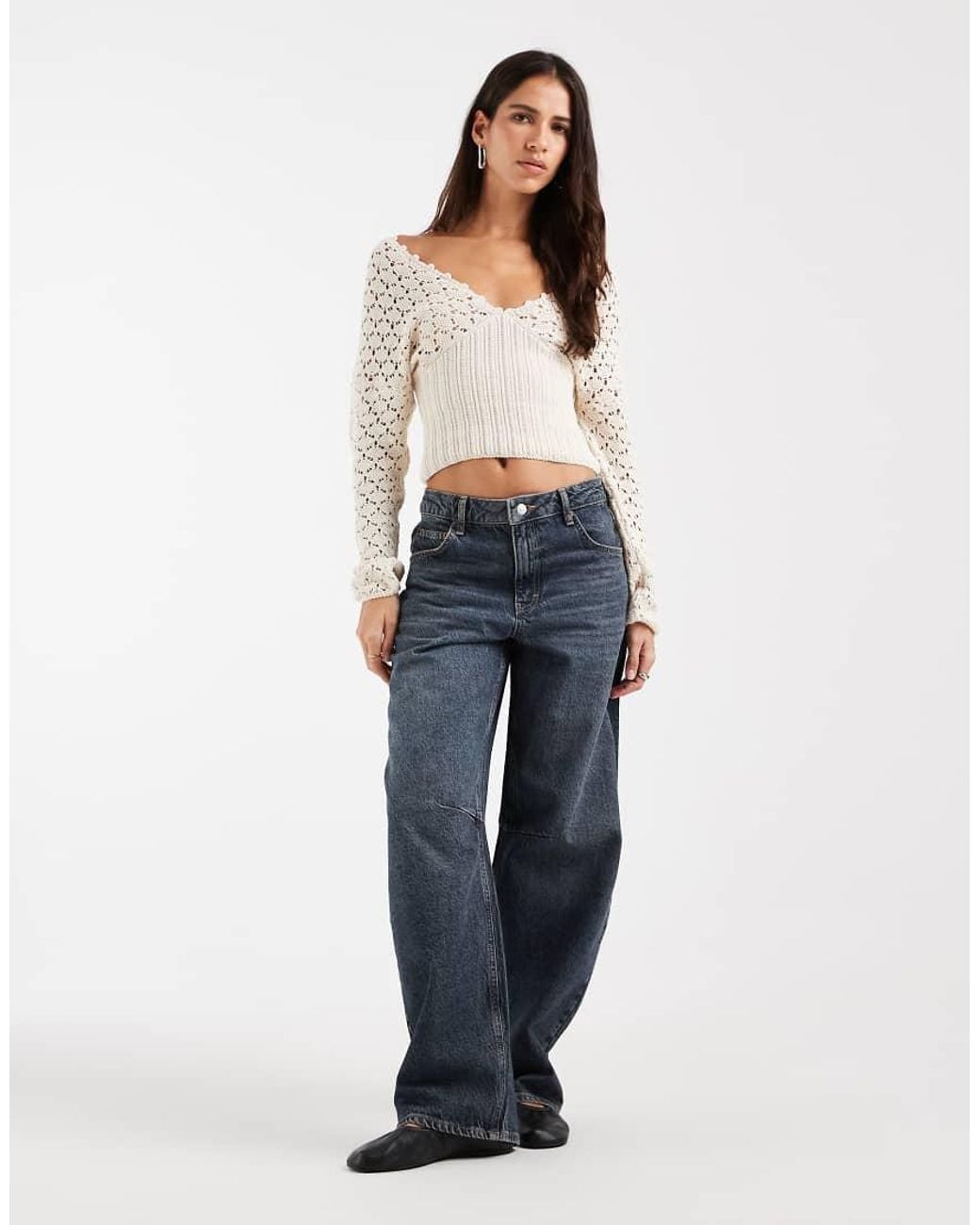 ASOS White Knitted Plunge Cinch Long Sleeve Top