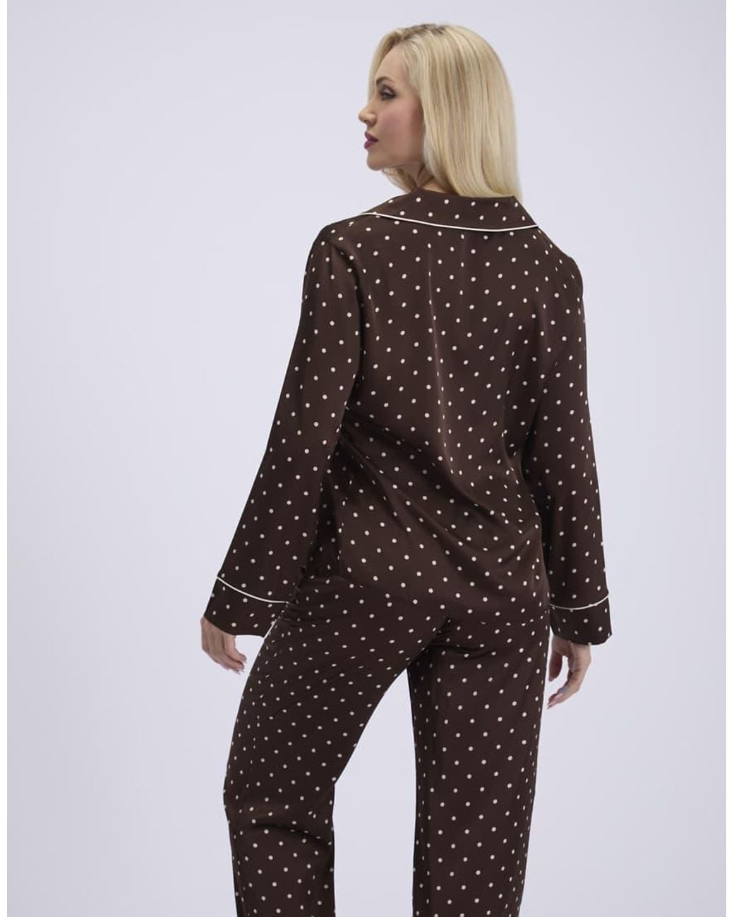 Boux Avenue Brown Polka Dot Satin Long Pyjama Set Top And Trousers Nightwear