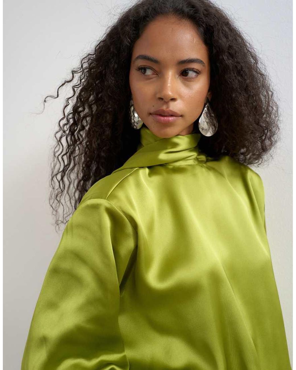 TOPSHOP Green High Scarf Tie Neck Satin Mini Dress