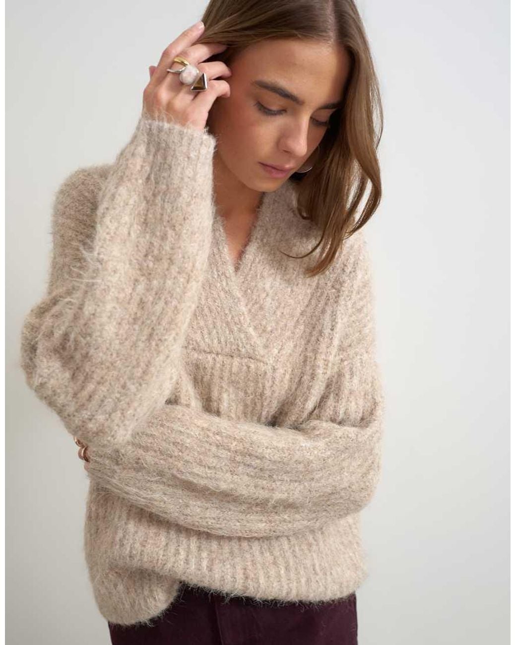 TOPSHOP Natural Knitted Chunky Shawl Collar Sweater