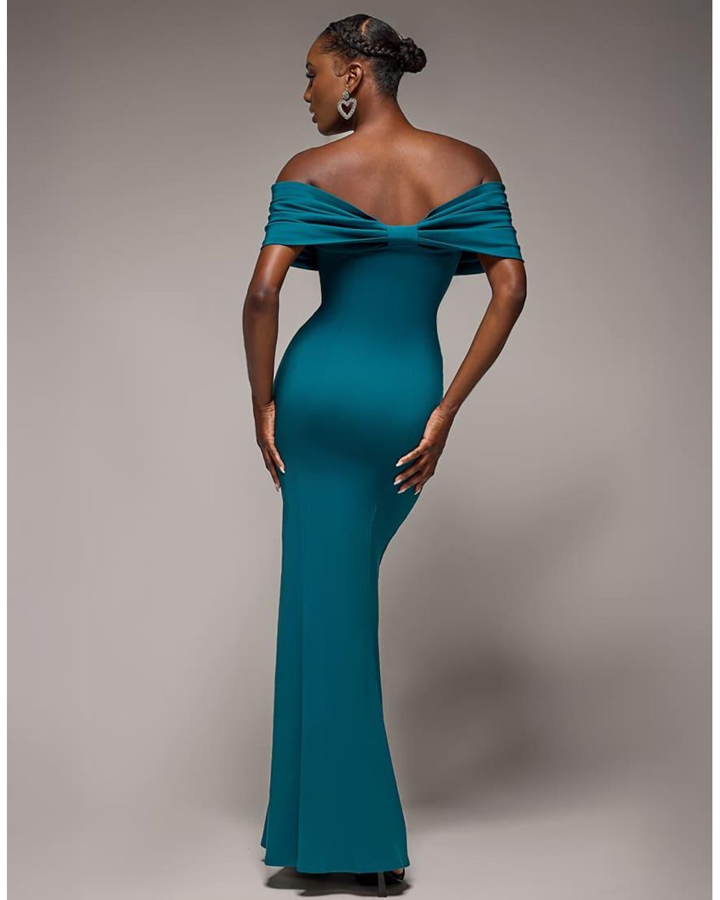 Goddiva Blue Bardot Bow Neck Maxi Dress