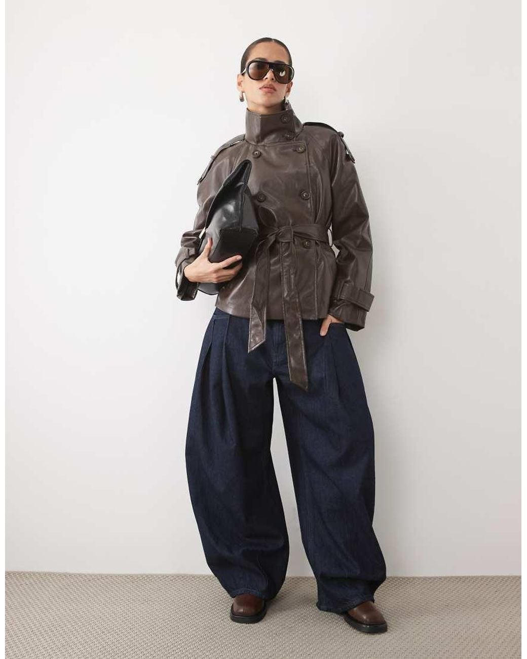 New Look Gray Faux Leather Funnel Neck Mac
