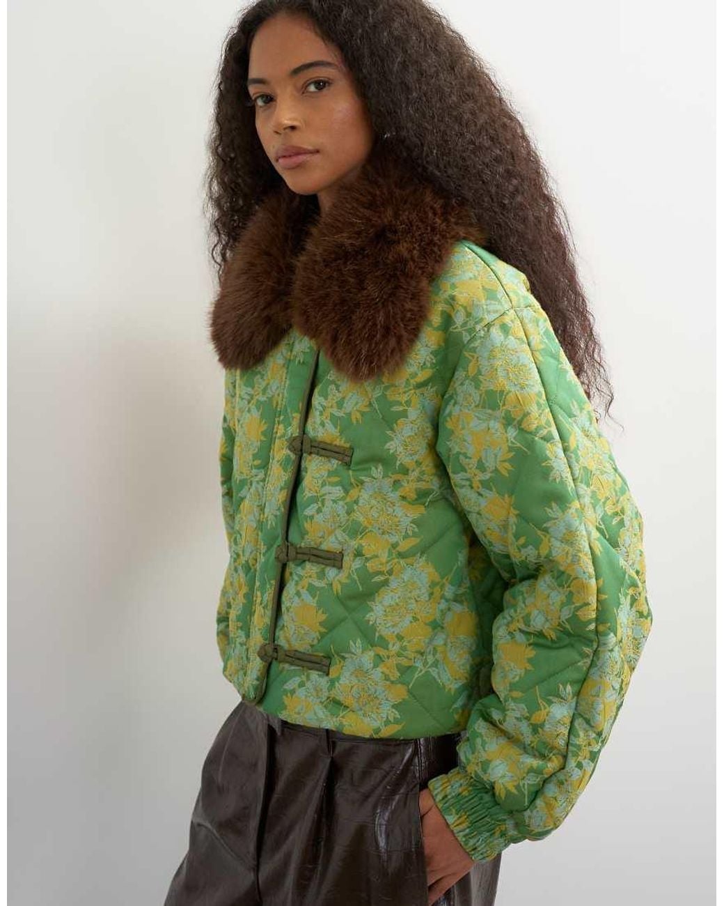 TOPSHOP Green Printed Fur Collar Jacket