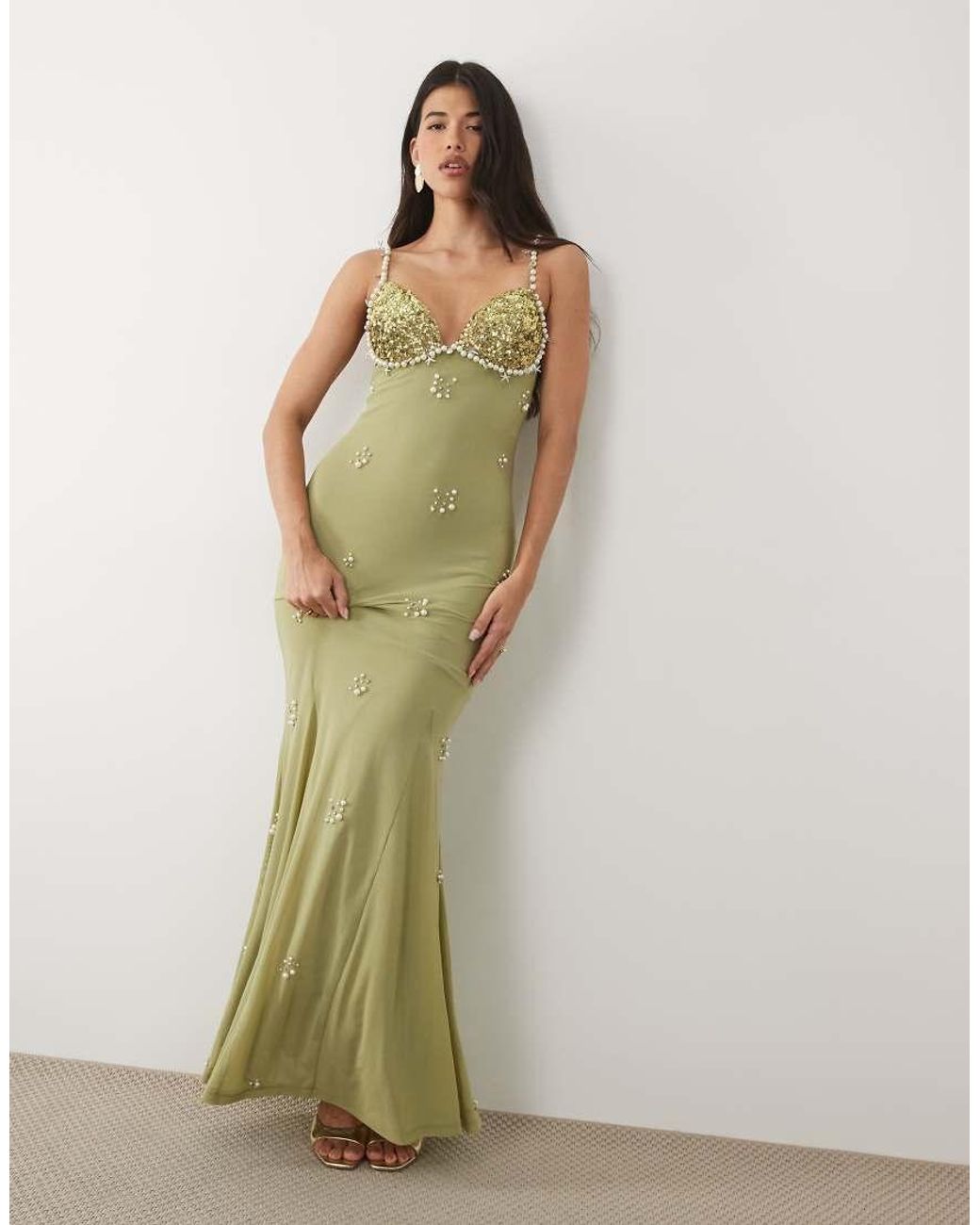 ASOS Green Pearl Encrusted Mesh Cami Dress