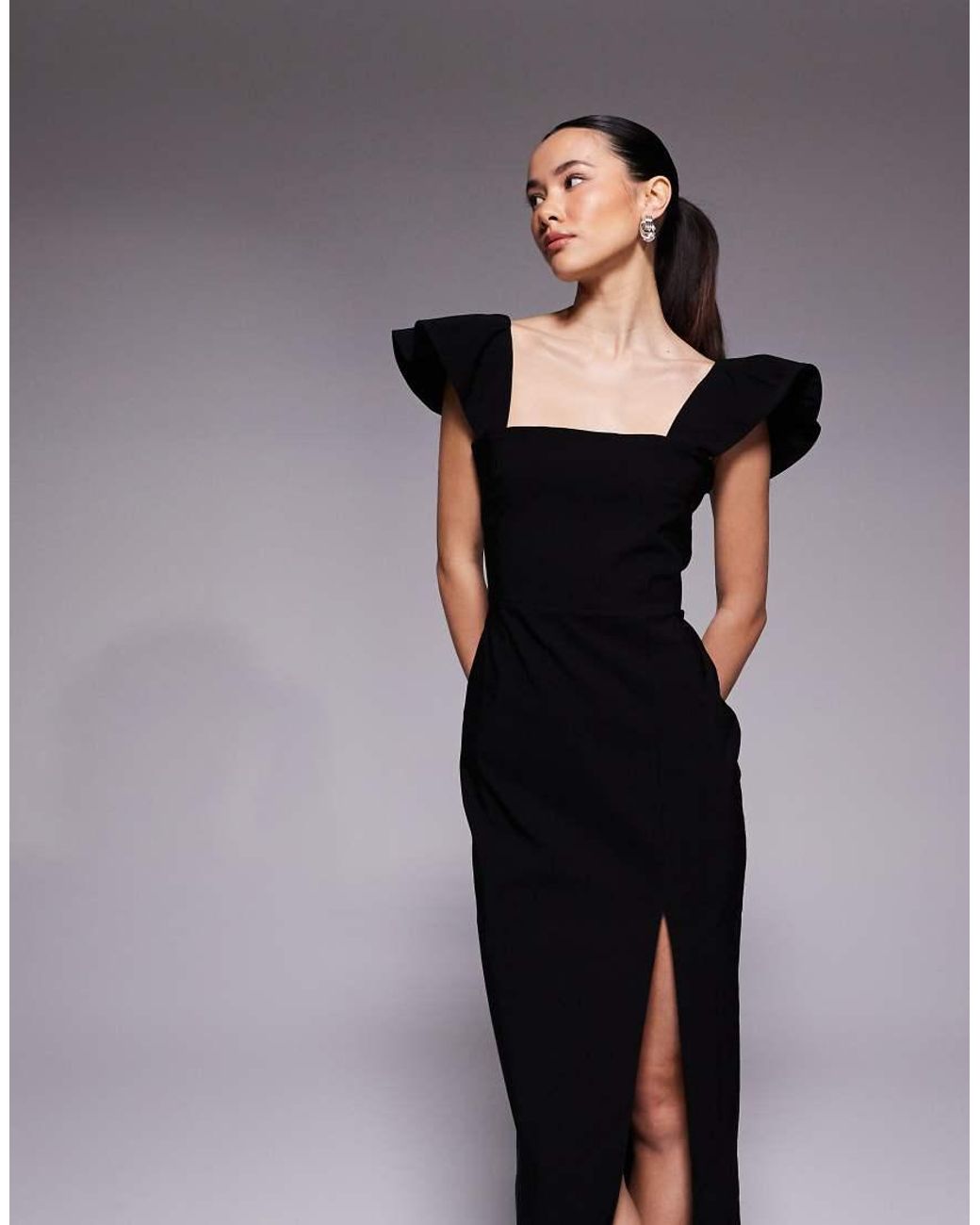 Vesper Petite Black Bengaline Square Neck Ruffle Sleeve Side Split Midaxi Dress