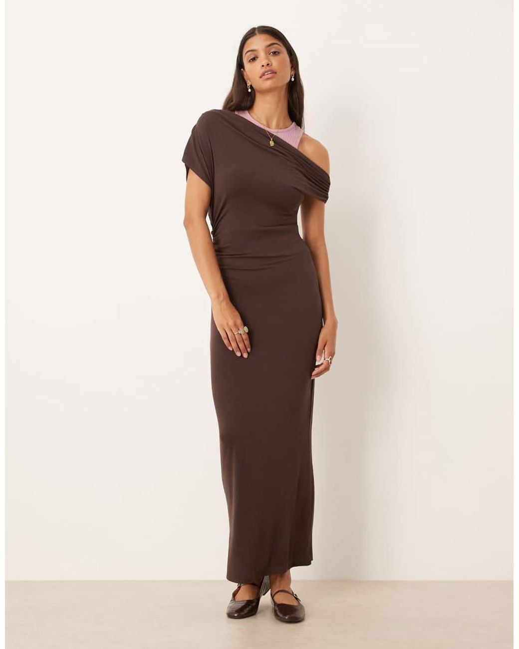ASOS Natural Fallen Shoulder Midi Dress With Racer Under Layer
