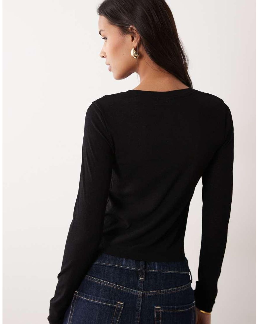 ASOS Black Textured Mesh Long Sleeve Crew Neck Top