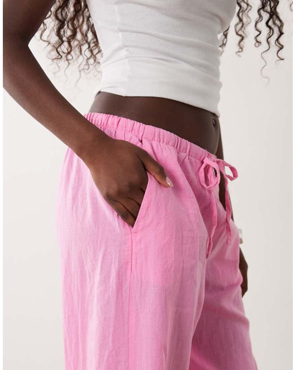 Gina Tricot Pink Pull On Linen Blend Trousers With Pockets